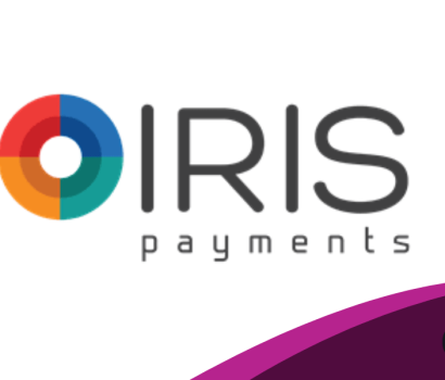Logo for IRIS payments, featuring the word "IRIS" with a multi-colored circular graphic (red, blue, green, orange) replacing the "I," and the word "payments" underneath, next to a magenta and purple background graphic with a "CHECK MORE" button.